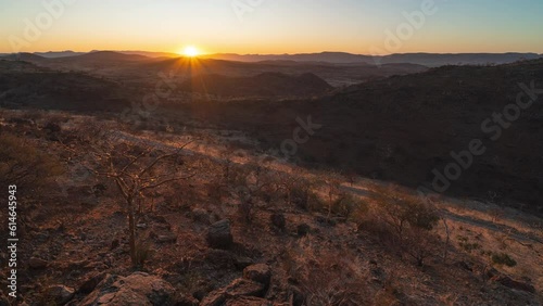 Sunrise on the Orupembe Conservancy in Kaokoveld in Namibia, Africa. Time Lapse.