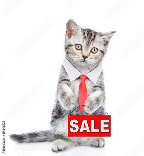 Smart kitten wearing necktie standing on hind legs and holds signboard with labeled "sale". isolated on white background