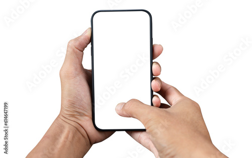 Hand holding black smartphone with white screen mockup and isolated on transparent background , PNG file smartphone frameless application design concept.