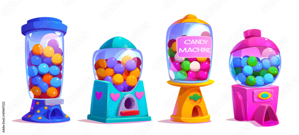 Gashapon candy vending machine toy with gum ball vector. Vintage isolated bubblegum plastic dispenser for random chewing sweet food. Different cartoon full robot of chew bubble with label ui asset