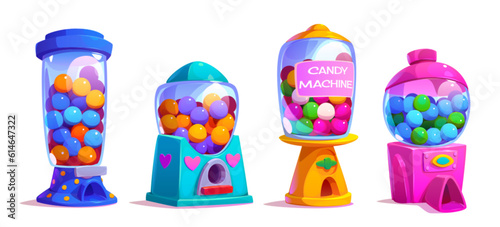 Gashapon candy vending machine toy with gum ball vector. Vintage isolated bubblegum plastic dispenser for random chewing sweet food. Different cartoon full robot of chew bubble with label ui asset