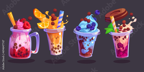 Tea bubble beverage with milk and tapioca vector. Summer boba coffee ice drink in cup with fruit, berries and splash illustration. Isolated delicious milkshake and smoothie dessert clipart cafe menu.