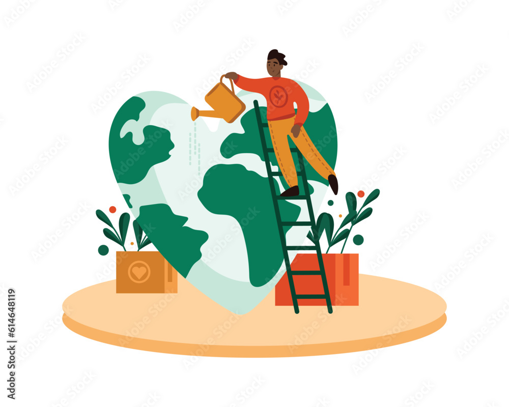 American man standing on the stairs near globe and watering from watering can. Active diverse volunteer doing social charity activities to protect Earth. Saving planet together. Vector flat design