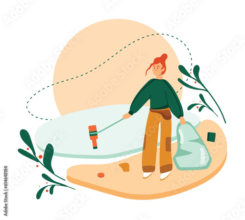 Young active lady in uniform girl taking bottles from lake. Cartoon character helping environment, working in volunteering organization. Vector flat illustration in green and orange colors