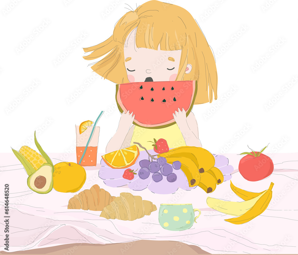 Happy Girl eating Watermelon. Summer fFresh Food, Vitamin Product. Vector Illustration