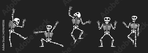 Skeletons dancing with different positions flat style design vector illustration set. Funny dancing Halloween or Day of the dead skeletons collection. Creepy, scary human bones characters silhouettes.