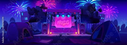 Night outdoor music festival concert stage in park vector illustration. Open air event with fireworks, neon light and camping tent. Musician rock show performance with cityscape cartoon background