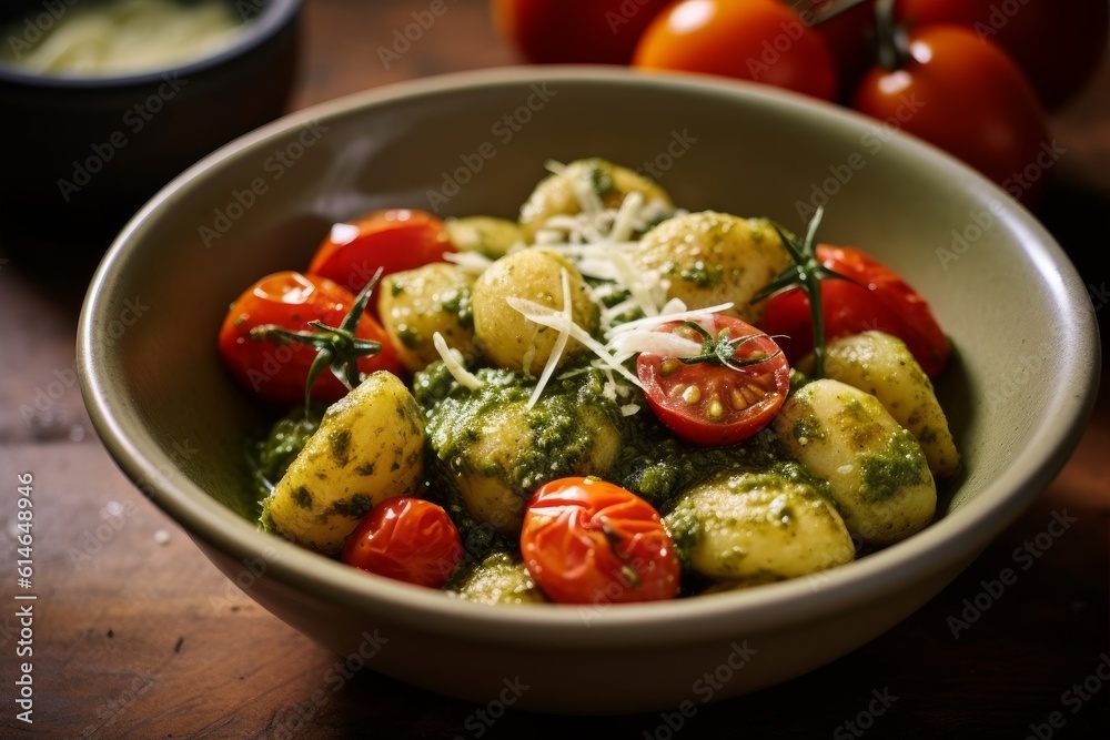 gnocchi in a bowl with pesto sauce and cherry tomatoes gnocchi in a bowl with pesto sauce and cherry tomatoes