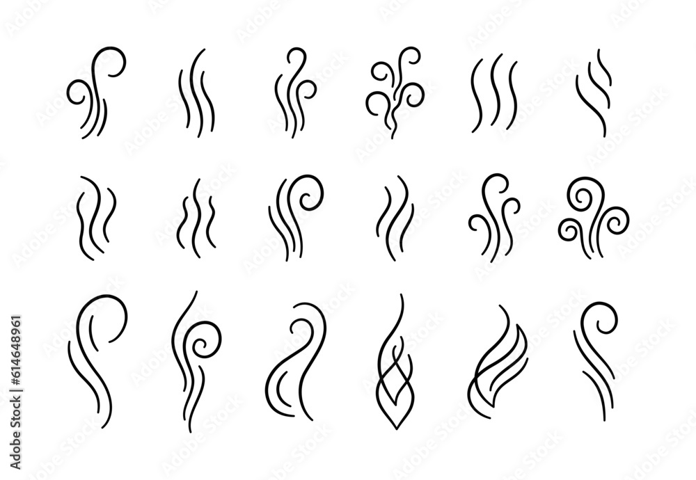 Doodle smoke icons set. Water steam symbols. Hand drawn hot vapors. Line air smell symbols. Doodle fire smoke icons. Vector illustration isolated on white background. - obrazy, fototapety, plakaty 