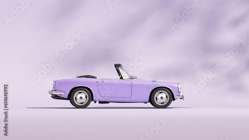 Purple retro car. Stylized, toy looking vintage car. Pastel colors scene. 3D rendering for web page, studio, presentation or picture frame backgrounds. 