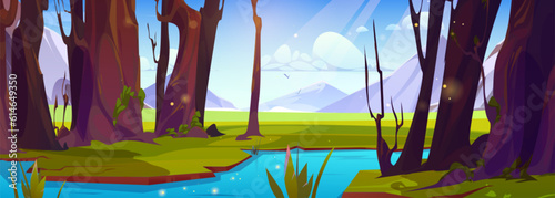 Mountain river flowing in forest. Vector cartoon illustration of sunny spring weather, green summer landscape with trees, blue sky with sun beam, stream or brook in valley, beautiful nature