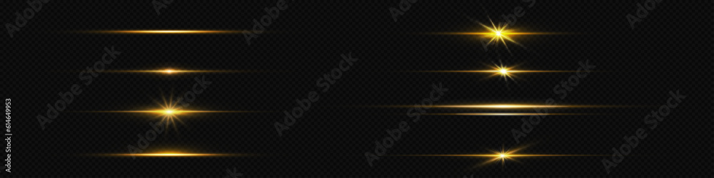 Gold line light glow with sparkle and flare shine. Horizontal golden neon streak effect isolated on transparent background. Magic flash laser strip divider with glitter shimmer design illustration