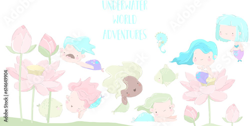 Vector Cute Mermaids and Funny Fish on Blue Background