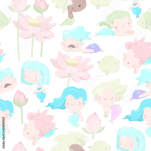 Vector Seamless Pattern with Cute Mermaids and Funny Fish on Violet Background