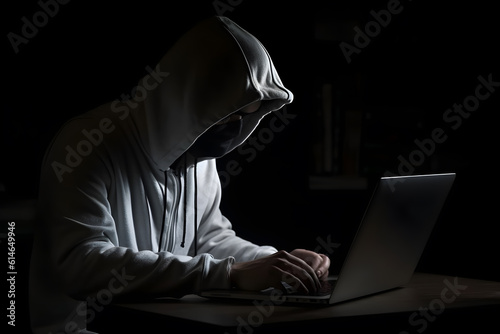 Mysterious hacker wearing a hoodie is typing on a laptop, generative ai