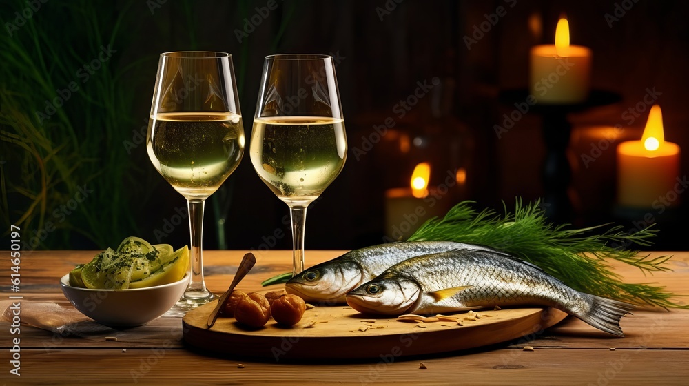 dinner concept for two. two glasses of white wine, baked fish Generative AI