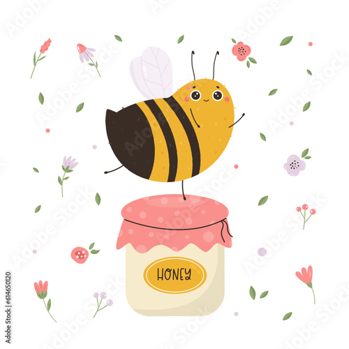 Colorful poster with funny cartoon bee dancing on a honey jar