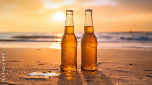 Bottles of cold beer on sandy beach near sea Generative AI
