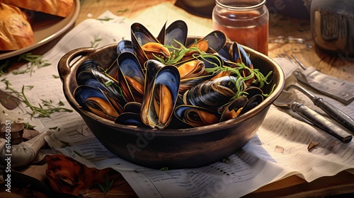 Copper pot of gourmet mussels served on a napkin garnished with fresh herbs for a tasty seafood meal Generative AI