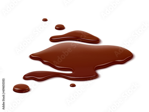 Chocolate puddle, brown choco spill, isolated liquid blot and drip. Isolated realistic 3d vector velvety-smooth pool of melted chocolate, enticingly shiny, with a luscious aroma that tempts the senses