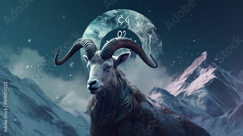 A Gorgeous Illustration of the Capricorn Zodiac Sign on a Snowy Mountain - Generative AI photo