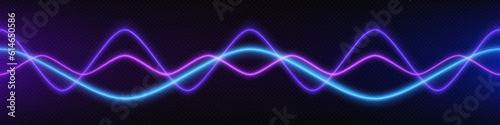 Neon audio voice frequency wave and abstract sound light vector background. Radio pulse effect curve design. Volume music track line vibrant motion illustration. Electronic record led graph chart