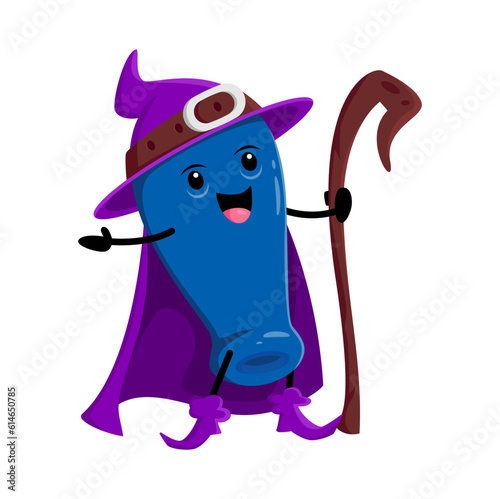 Cartoon honey berry wizard or magician character. Vector necromancer Halloween personage with magic staff. Funny wiz in hat and cape. Cute smiling sorcerer honeysuckle garden berry, healthy food