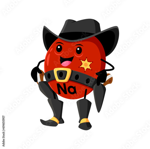 Cartoon sodium or natrium micronutrient sheriff cowboy character. Funny vector Na element with pistol guns. Vitamin wild west ranger personage wear hat, boots and belt. Fantasy Texas western hero