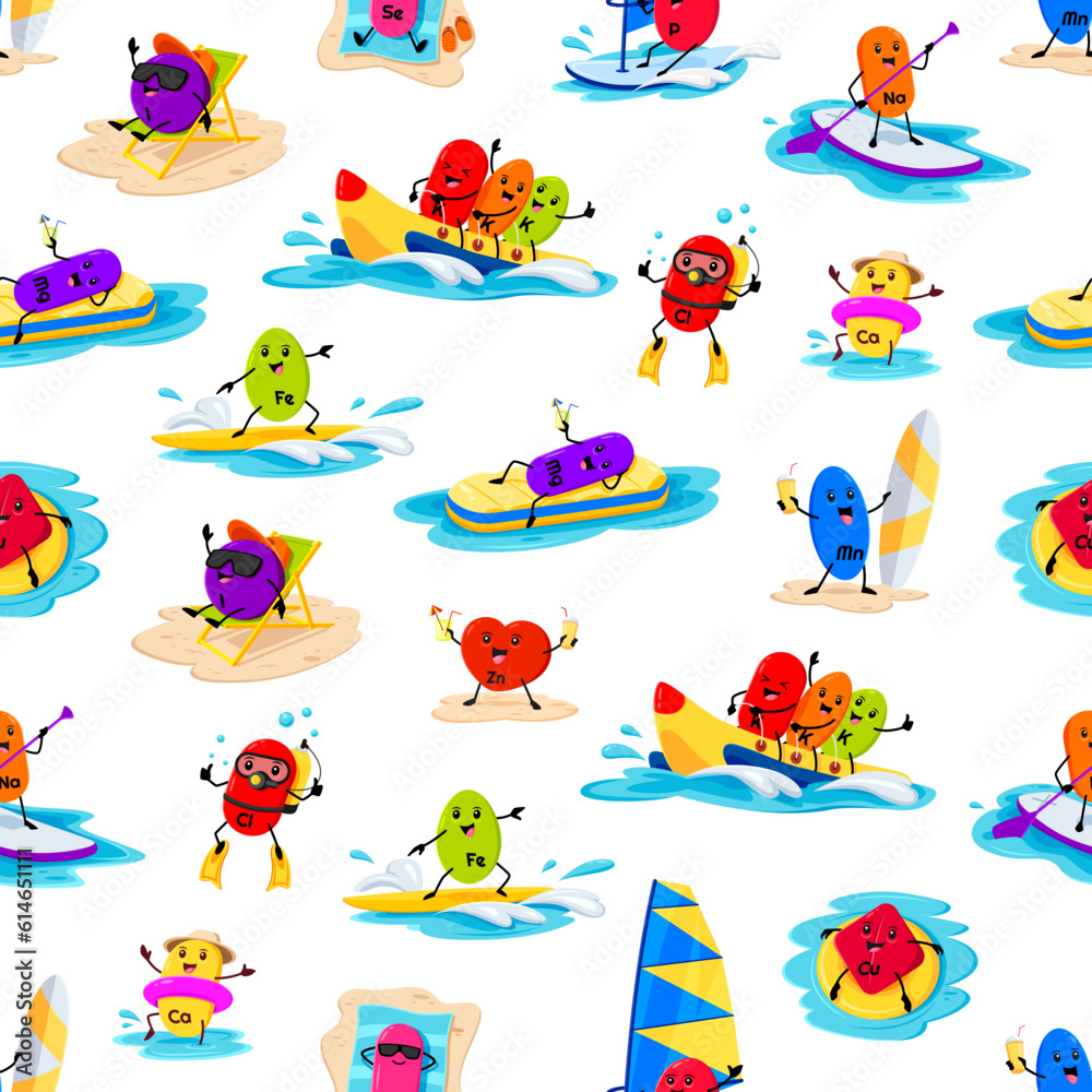 Obraz premium Cartoon micronutrient characters on summer vacation, seamless pattern. Vector background with funny vitamins and minerals having fun at sea beach. Cute food supplement pill personages backdrop