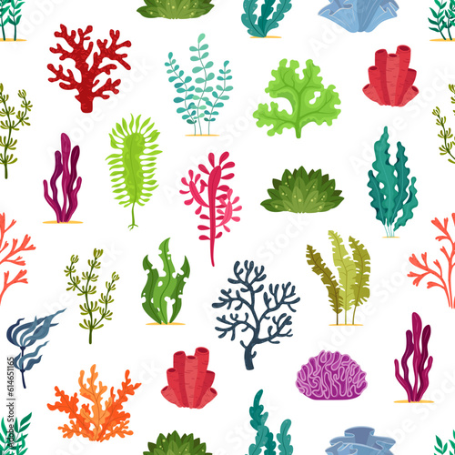 Underwater seaweed plants. Aquarium sea algae seamless pattern with green, red, purple and blue leaves. Vector background of marine water plants, kelp, spirulina, laminaria, caulerpa and codium