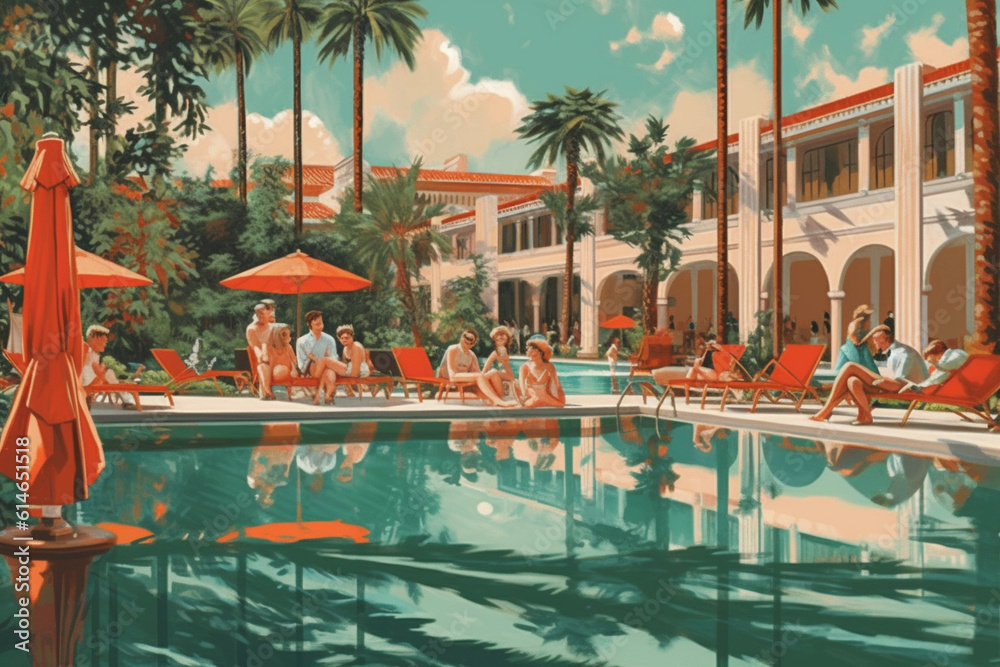 Travelers lounging by a luxurious pool at a resort, sipping refreshing drinks and soaking up the sun Generative AI
