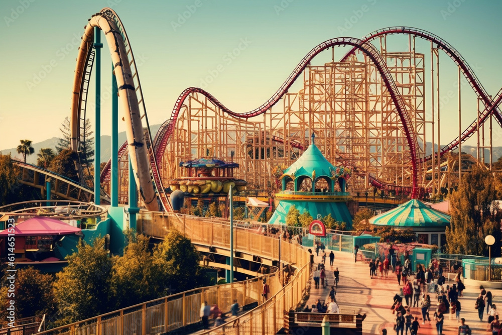 Obraz premium Families enjoying a day at an amusement park, riding thrilling roller coasters and indulging in delicious treats Generative AI