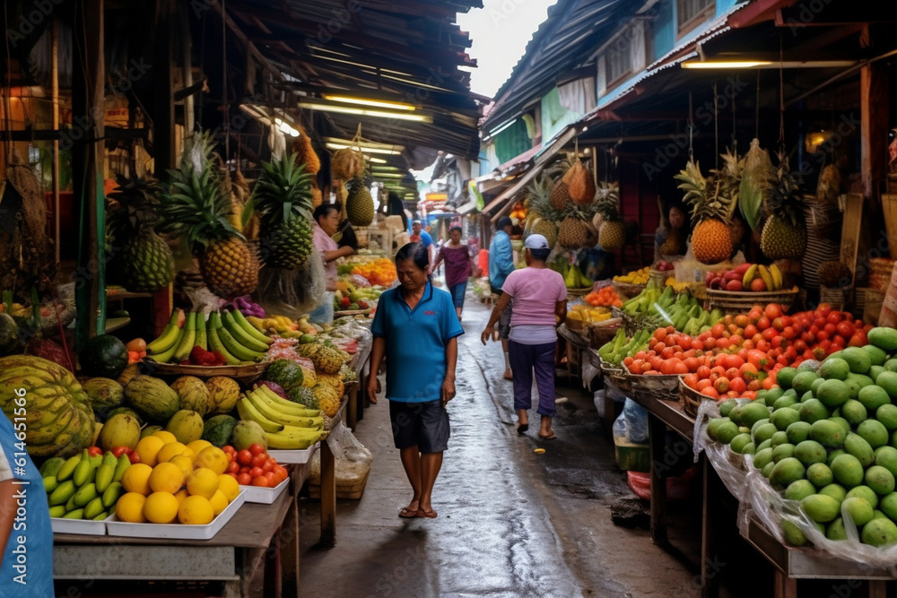 Travelers exploring a vibrant local market, sampling exotic fruits and purchasing unique souvenirs Generative AI