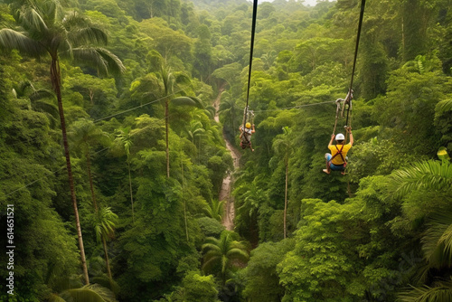 Adventurers zip-lining through a lush forest canopy, experiencing an adrenaline rush and breathtaking views Generative AI