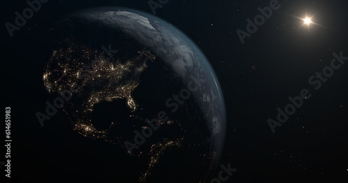 Earth planet on space with starry sky.