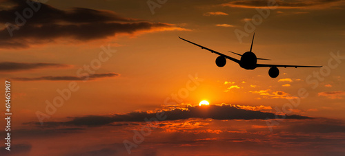 Passenger plane on the background of the sunset sky