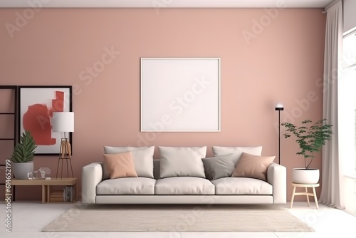 Blank wooden picture frame mock-up on wall in modern interior. Horizontal artwork template mock up for artwork  painting  photo or poster in interior design  Generative AI