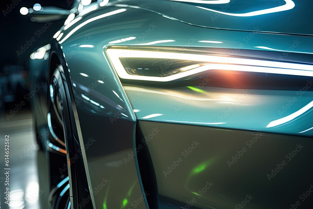 Frontal view, Vision of the Future: A mesmerizing close-up on the headlights of a groundbreaking new concept car. Generative Ai