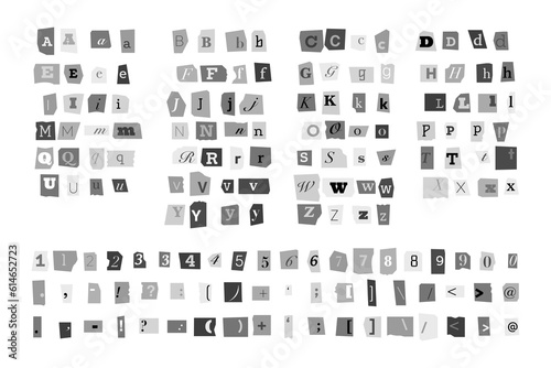Ransom black font. Black anonymous cutout notes, uppercase and lowercase letters with punctuation for criminal message and text. Vector blackmail cutout alphabet