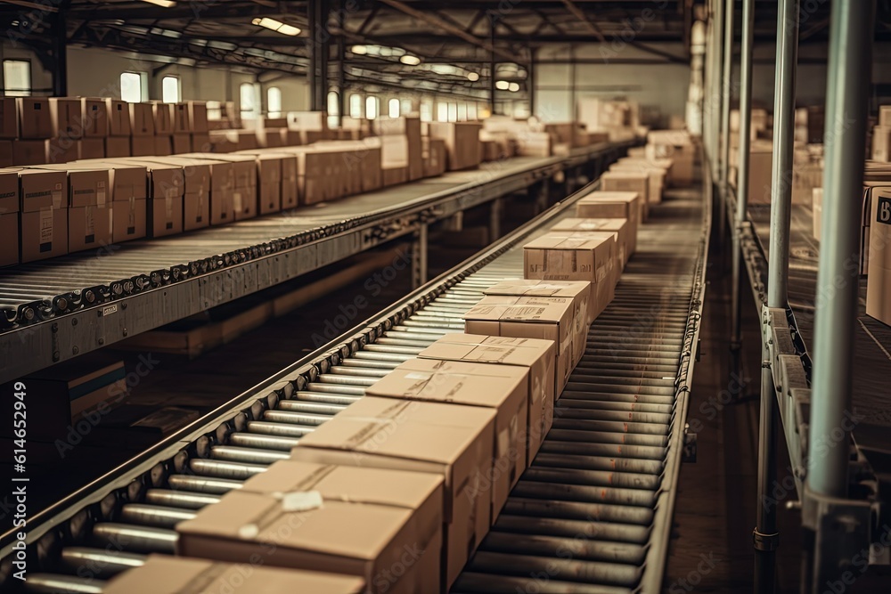Efficient Logistics: A mesmerizing view of conveyor belts in motion, swiftly sorting parcels with precision and efficiency. Generative Ai Efficient Logistics: A mesmerizing view of conveyor belts in motion, swiftly sorting parcels with precision and efficiency. Generative Ai
