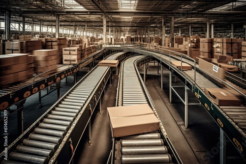 Efficient Logistics: A mesmerizing view of conveyor belts in motion, swiftly sorting parcels with precision and efficiency. Generative Ai
