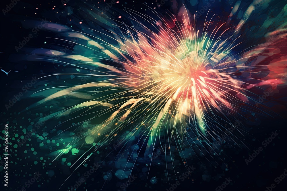 Fototapeta premium Explosions of Brilliance: A dazzling display of red and blue fireworks sparkle, illuminating the night sky with vibrant bursts of color. Generative Ai