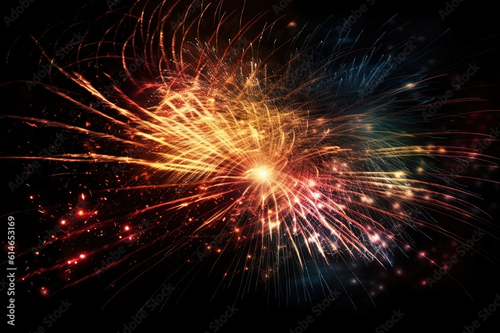 Fototapeta premium Explosions of Brilliance: A dazzling display of red and blue fireworks sparkle, illuminating the night sky with vibrant bursts of color. Generative Ai