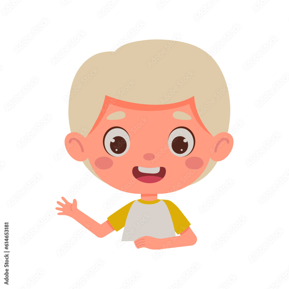 Cute cartoon little boy waving his hand. Little schoolboy character. Template for children design. Vector illustration