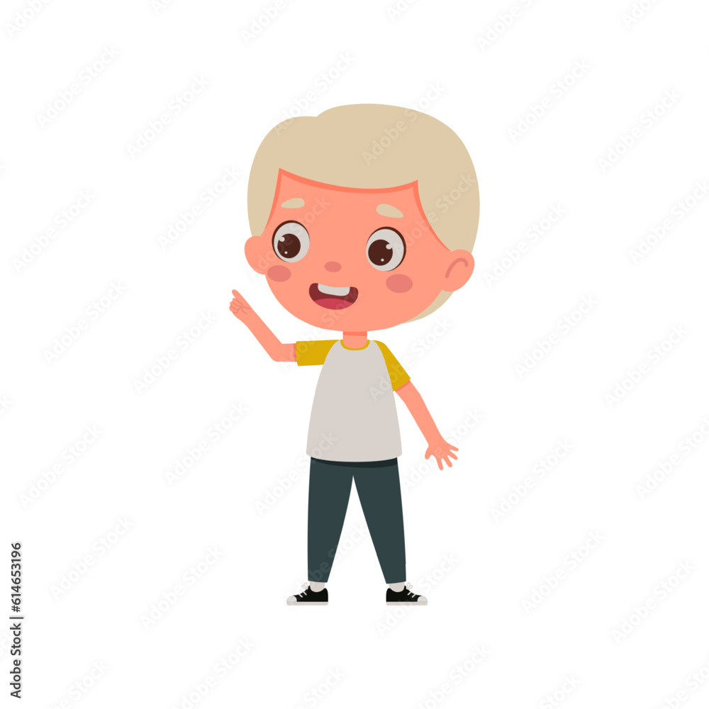 Cute little kid boy with great idea. Template for children design. Cartoon schoolboy character show facial expression. Vector illustration