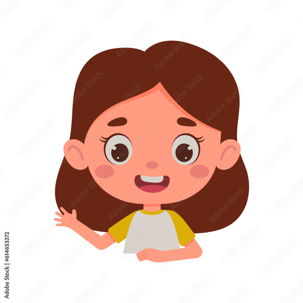 Cute cartoon little girl waving his hand. Little schoolgirl character. Template for children design. Vector illustration