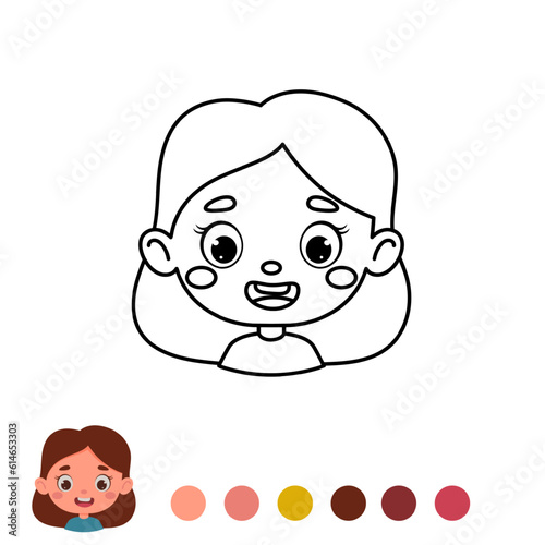 Cute and funny coloring page outline of a cartoon girl. Coloring book for kids. Educational activity for preschool years kids and toddlers. Vector stock illustration