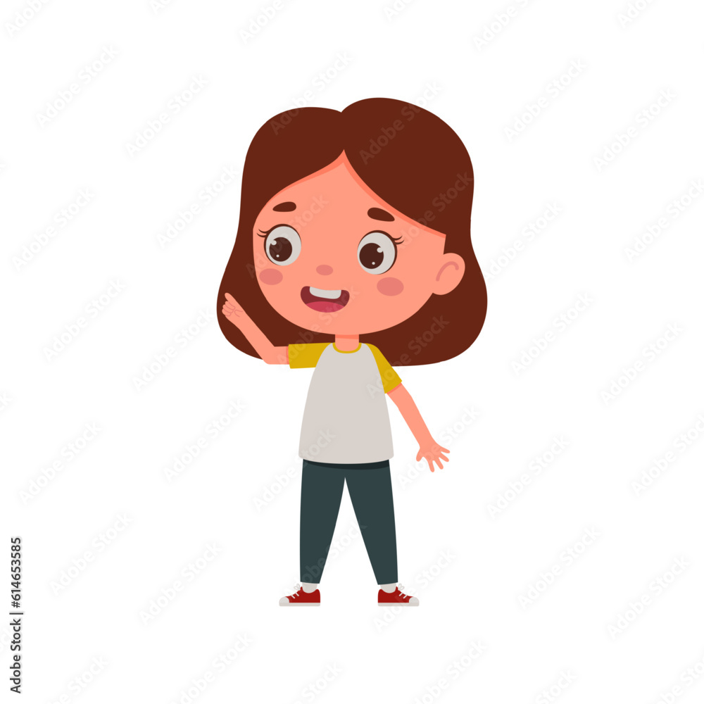 Cute little kid girl with great idea. Template for children design. Cartoon schoolgirl character show facial expression. Vector illustration Cute little kid girl with great idea. Template for children design. Cartoon schoolgirl character show facial expression. Vector illustration