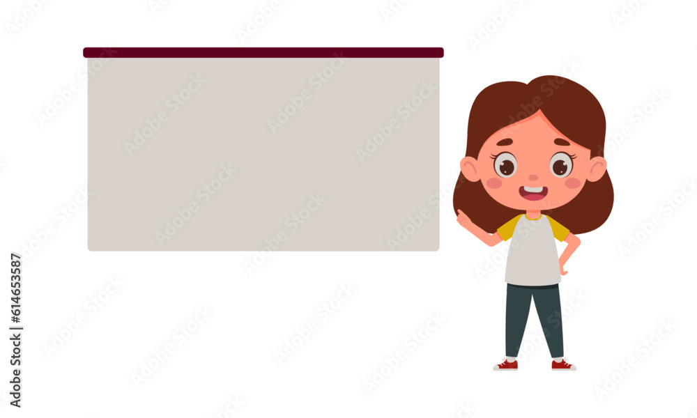 Cute little girl points his finger at the empty board. Template for children design. Cartoon schoolgirl character. Vector illustration