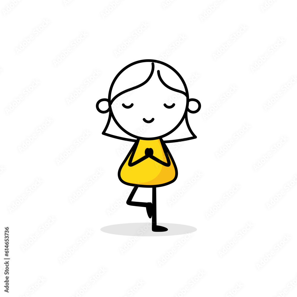 Clam woman meditate in yoga pose and balance on one leg. Harmony, balance or meditation, mindfulness relaxation for life wellness, zen, focus or concentration concept. Vector stock illustration Clam woman meditate in yoga pose and balance on one leg. Harmony, balance or meditation, mindfulness relaxation for life wellness, zen, focus or concentration concept. Vector stock illustration